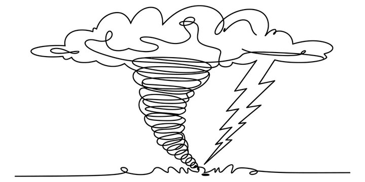 Continuous line drawing of a powerful tornado cyclone with a bright lightning bolt striking the ground during a stormy weather event in a simple style isolated on transparent background