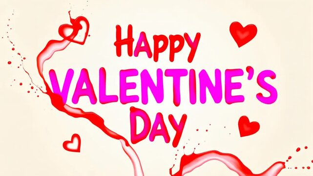 Happy valentines day animation video text with heart shapes and splashing red ink fluid motion on light background, romantic greeting card video footage for couples celebration