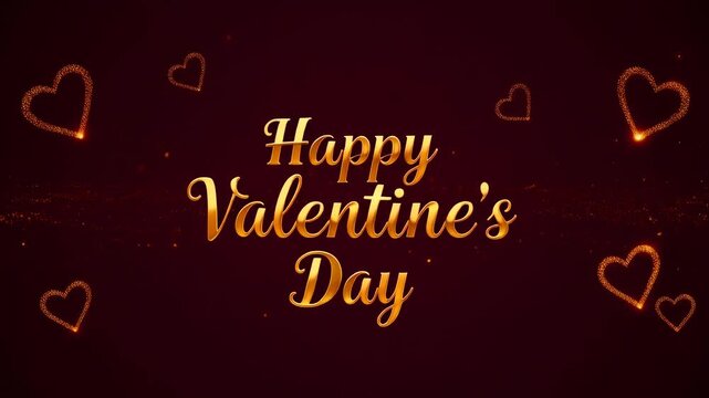 Valentine day animation video greeting card with sparkling golden text happy valentines day on dark red background with glowing heart shapes and shimmering light particles motion graphic video clip