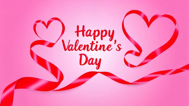 Happy valentine's day animation video with red ribbon forming heart shapes on bright pink gradient background with central white glow romantic festive motion graphic footage