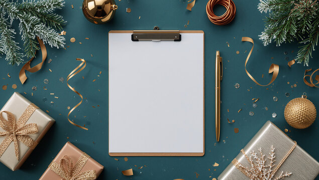 Empty clipboard with pen surrounded by christmas decor on dark green background clipboard checklist stationery christmas template decoration ornaments branches celebration december planning