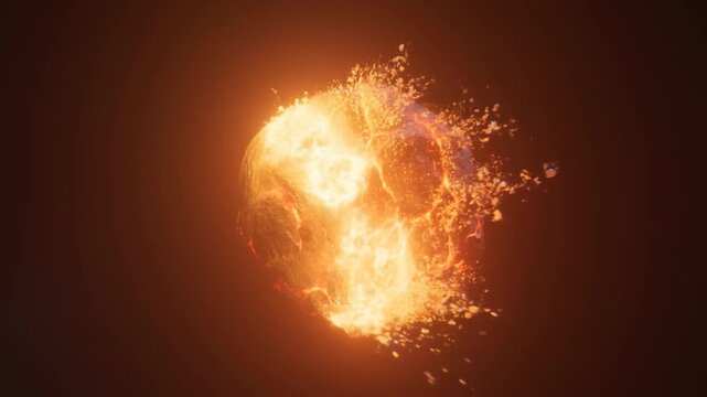 Rocky asteroid ignites and breaks apart, scattering glowing fragments through dark space