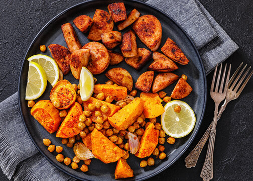  fried sliced sausage with baked sweet potato