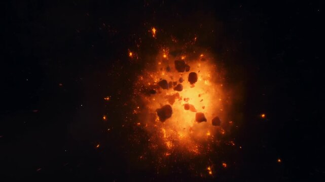 Rocky planet erupts in a fiery explosion, scattering glowing debris through space