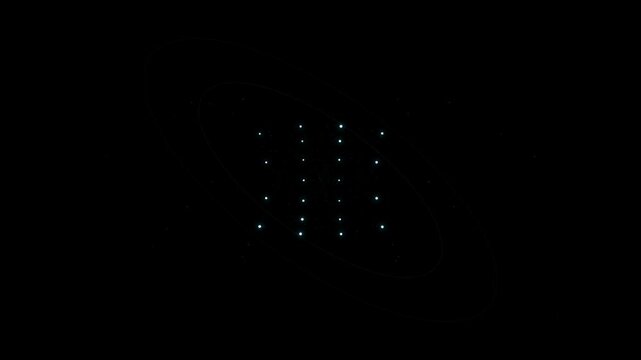 Abstract Glowing Star Constellation Map with Orbiting Ring Systems and Cosmic Particle Background