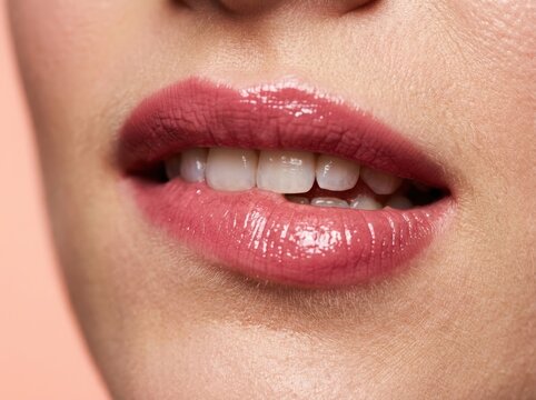 Glossy pink lips close up for beauty makeup and lip care