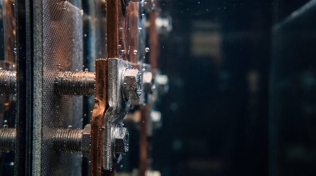 Close-up of heavy metal bolts fastening industrial steel plates. Cybersecurity and data protection concept. Secure infrastructure and network defense. Technology background with copy space.