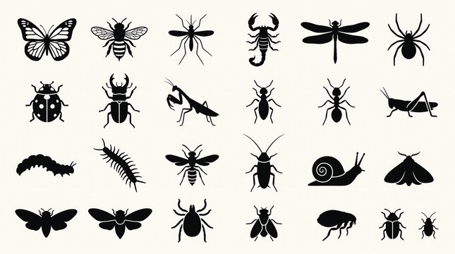 Black insect silhouette icon set, 24 bug and pest vector symbols, minimal nature wildlife black graphics for education design