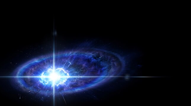 Cosmic explosion in deep space with bright light and nebula clouds, abstract astronomical background representing a supernova or the birth of a star in the vast dark universe
