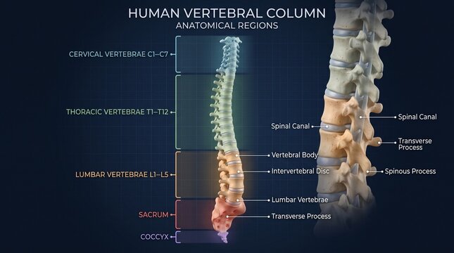 Educational infographic of human vertebral column regions and spinal anatomy with body cord vertebrae backbone