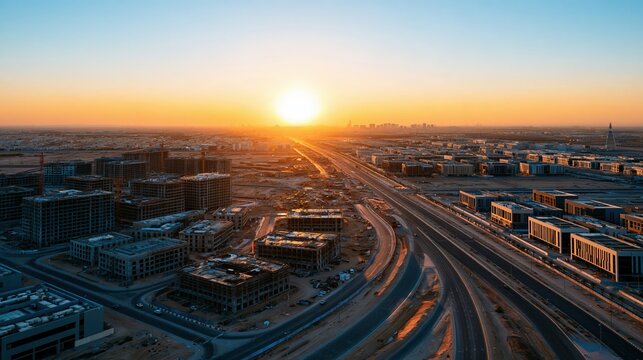 Large modern development site with multiple buildings under construction at sunrise