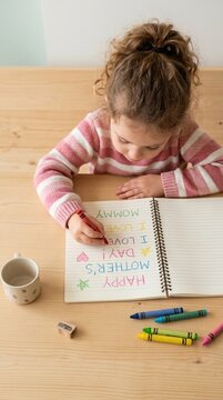 Cute little girl drawing and writing Happy Mothers Day in notebook with colorful crayons on wooden table