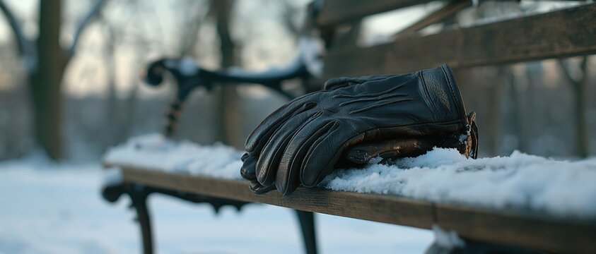 Black Leather Glove Resting on Snow-Covered Bench in Winter Park Scene.