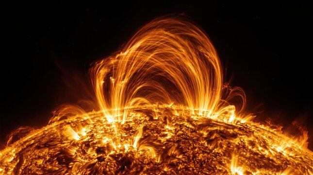 Glowing plasma loops and magnetic field arcs erupt from the textured surface of a vibrant yellow star in deep space
