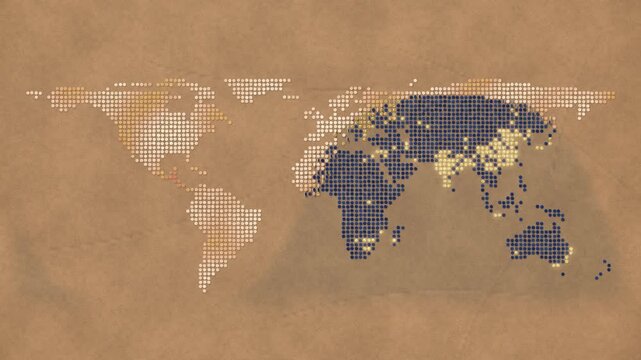 Paper confetti world map on kraft paper, day and night terminator sweeping across continents, golden city lights at night, seamless loop