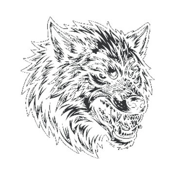 Snarling alpha wolf head mascot with monochrome halftone screen print effect