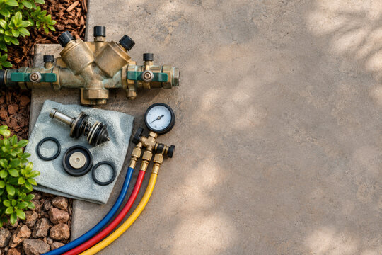 Irrigation Backflow Preventer Testing Tools with Pressure Gauges and Plumbing Components