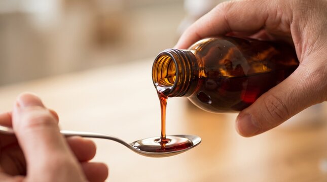 Hand Pouring Dark Syrup from Amber Glass Bottle into Metal Spoon, Medicine Dosing Close-Up