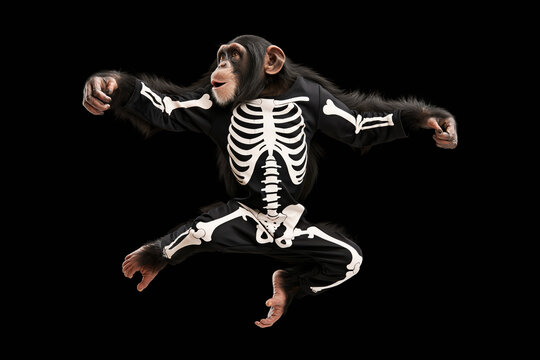 Chimpanzee wearing black skeleton costume flying through the air, Halloween