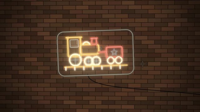 Golden neon toy steam train sign on brick wall close-up endless loop
