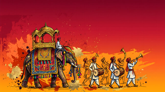 Royal elephant with howdah leading musician group on fiery red orange splash illustration poster background