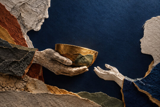 Intergenerational Wealth Transfer Abstract with Hands Passing Golden Asset Across Material Divide