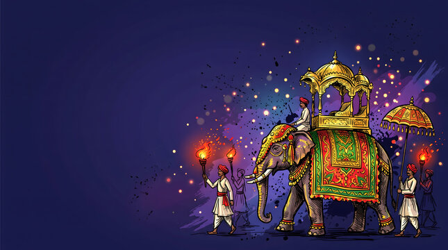Decorated elephant with howdah and torch bearer on purple festive banner background with copy space