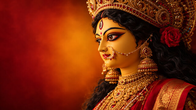 Stunning divine idol decorated with golden jewelry and red rose hair flower prepared for traditional durga puja gathering and holy navratri worship