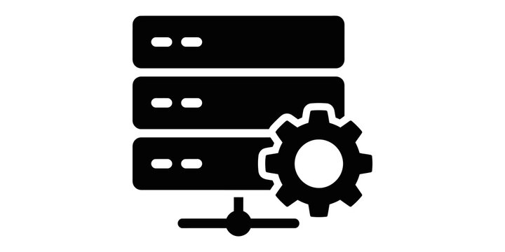 Black database server icon with gear symbol for technical maintenance and data management systems.