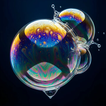 Iridescence and fragility concept, soap bubbles with swirling rainbow colors and liquid surface tension patterns floating on a dark black background