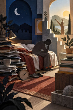 Sleep Debt Balance Visualized Through Peaceful Bedroom and Accumulated Nighttime Stress
