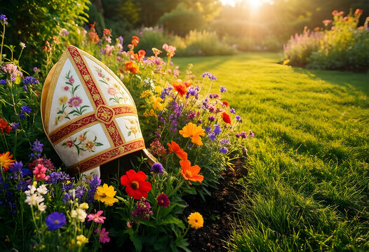 Catholic faith and religious tradition, ornate bishop mitre resting in a lush summer garden with blooming flowers at sunset in a peaceful landscape