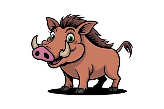 Cute cartoon warthog smiling with tusks