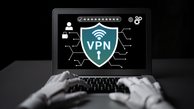 Hands Using Laptop with Virtual Private Network Shield Icon on Screen Signifying Online Privacy and Cybersecurity Awareness in Digital Age Haptic.
