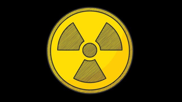 cartoon style animated nuclear radiation hazard symbol flashing in yellow and red with hand drawn sketchy look and transparent alpha channel background loop