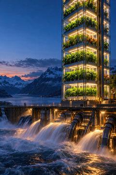 Monumental Vertical Farm Tower at Twilight Illustrating Energy Consumption and Urban Agriculture