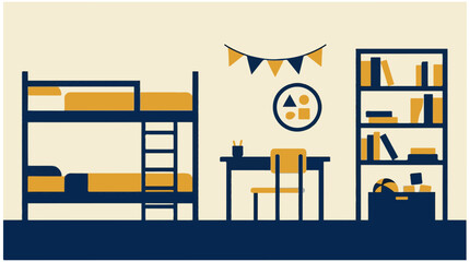 Minimalist children bedroom interior vector illustration with bunk bed study desk bookcase and garland © NEYDI