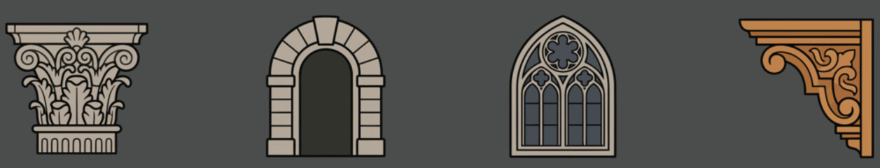 Classical architecture elements, Corinthian capital, stone arch, Gothic window, wooden corbel © RR