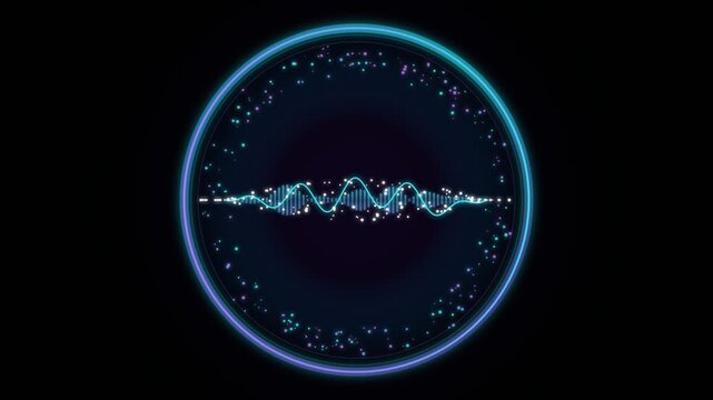 Futuristic circular audio equalizer with glowing soundwaves and digital particles on motion dark video