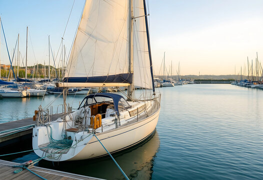 Luxury travel and leisure lifestyle, sailboat moored at a marina dock during sunset with calm water and many yachts in the background at the harbor