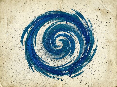 Grainy blue spiral brush stroke with spray texture. brush strokes texture with scattered tiny dots. Retro background