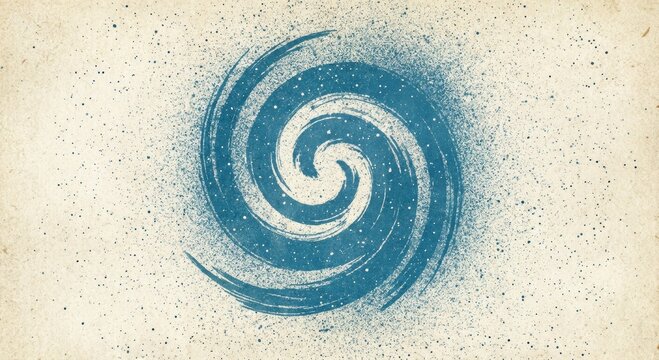 Grainy blue spiral brush stroke with spray texture. brush strokes texture with scattered tiny dots. Retro background