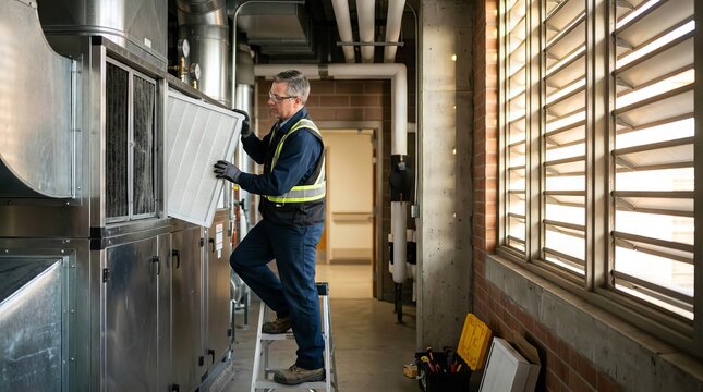 Male technician replacing air filter inside mechanical room