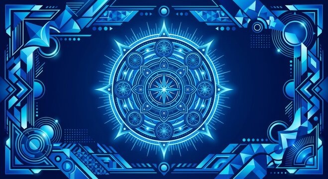 Vector abstract blue background frame of geometric shapes. Circular ornament