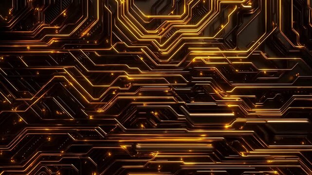 Glowing golden circuit traces form an intricate digital network on a dark background