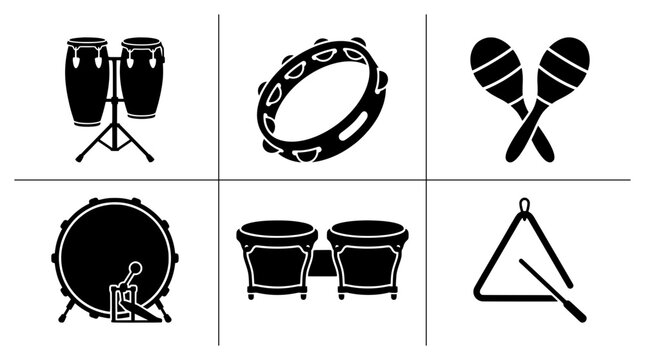 Percussion instrument silhouettes set with congas, tambourine, maracas, bass drum, bongos and triangle for music and performance
