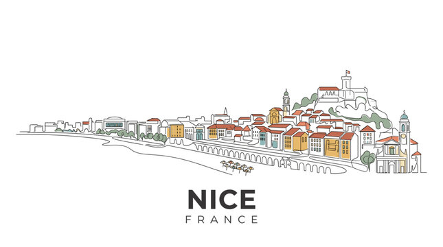 A minimalistic line art illustration showcasing the charming cityscape of Nice France with colorful rooftops and historical