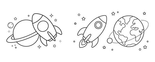 Outer space rocket and planet vector outline set for children © Anwara