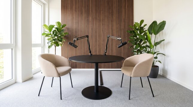 Daylit podcast recording room with beige chairs, boom arm microphones and tall windows