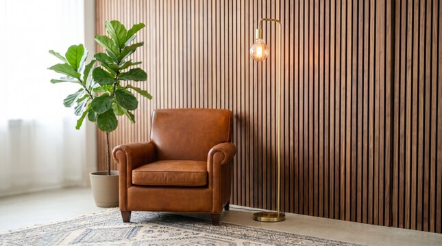 Serene lounge corner with cognac leather club chair, fiddle leaf fig and brass floor lamp